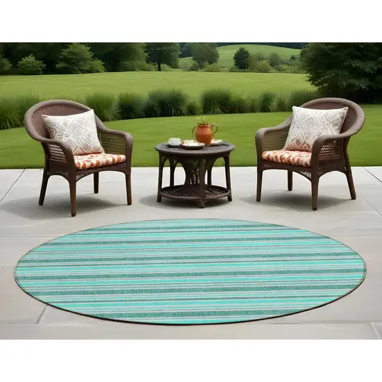 Turquoise Round Striped Washable Indoor Outdoor Area Rug Photo 1