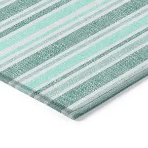 Photo of 8' Round Turquoise Round Striped Washable Non Skid Indoor Outdoor Area Rug