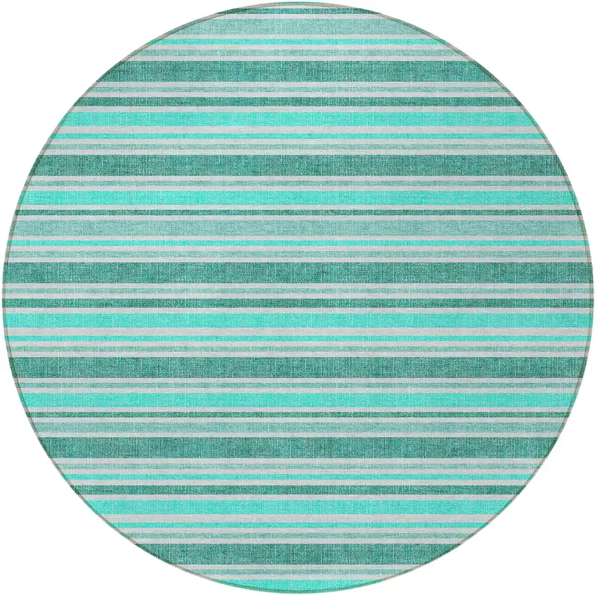 8' Round Turquoise Round Striped Washable Non Skid Indoor Outdoor Area Rug Photo 3