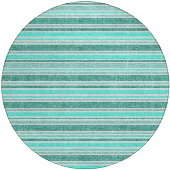Turquoise Round Striped Washable Indoor Outdoor Area Rug Photo 2