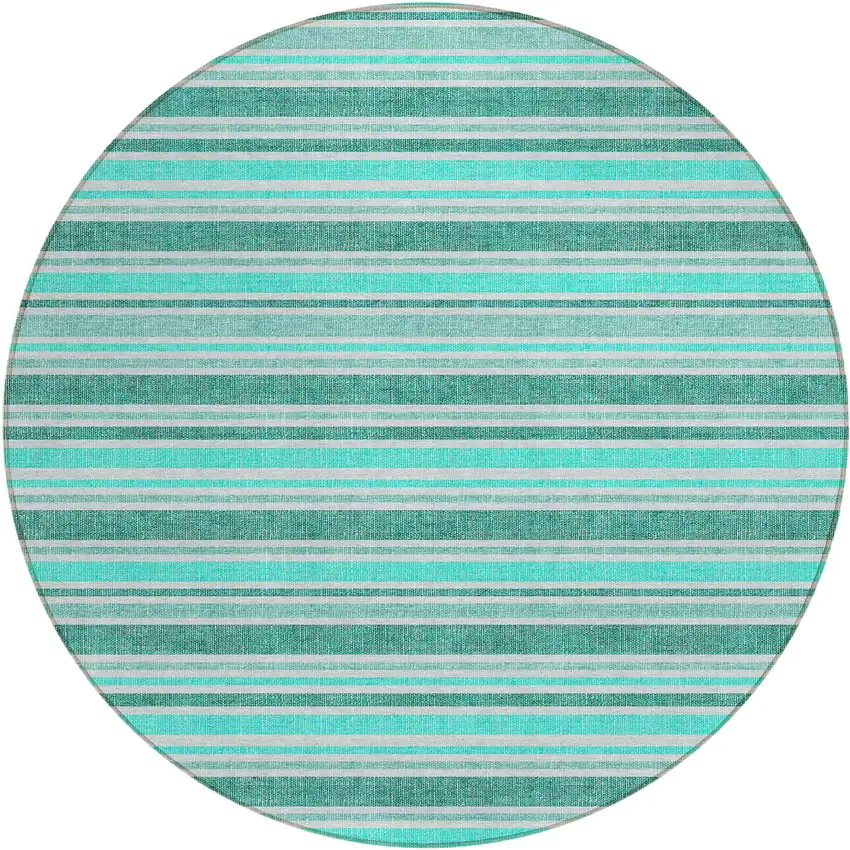 Turquoise Round Striped Washable Indoor Outdoor Area Rug Photo 2