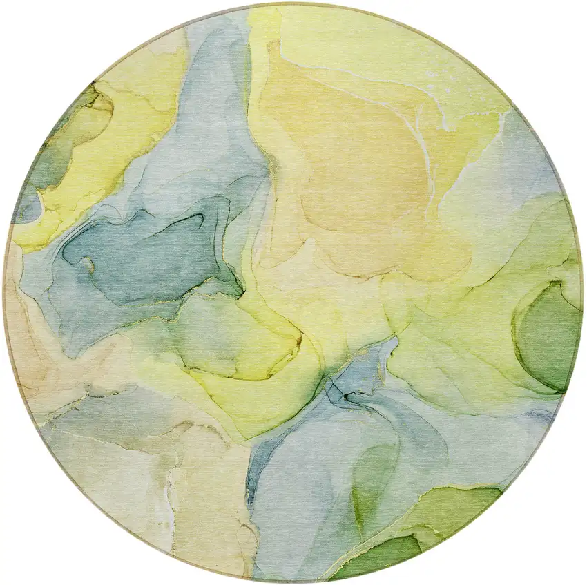 8' Round Yellow Round Abstract Washable Non Skid Indoor Outdoor Area Rug Photo 4