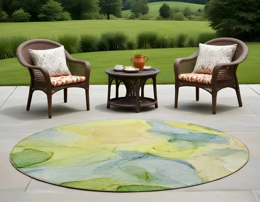 8' Round Yellow Round Abstract Washable Non Skid Indoor Outdoor Area Rug Photo 1