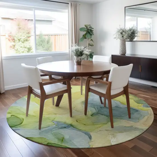 Yellow Round Abstract Washable Non Skid Indoor Outdoor Area Rug Photo 9