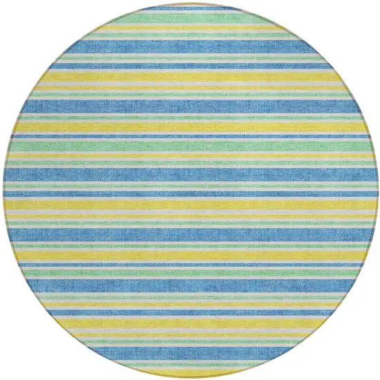Blue Yellow and Green Round Striped Washable Non Skid Indoor Outdoor Area Rug Photo 2