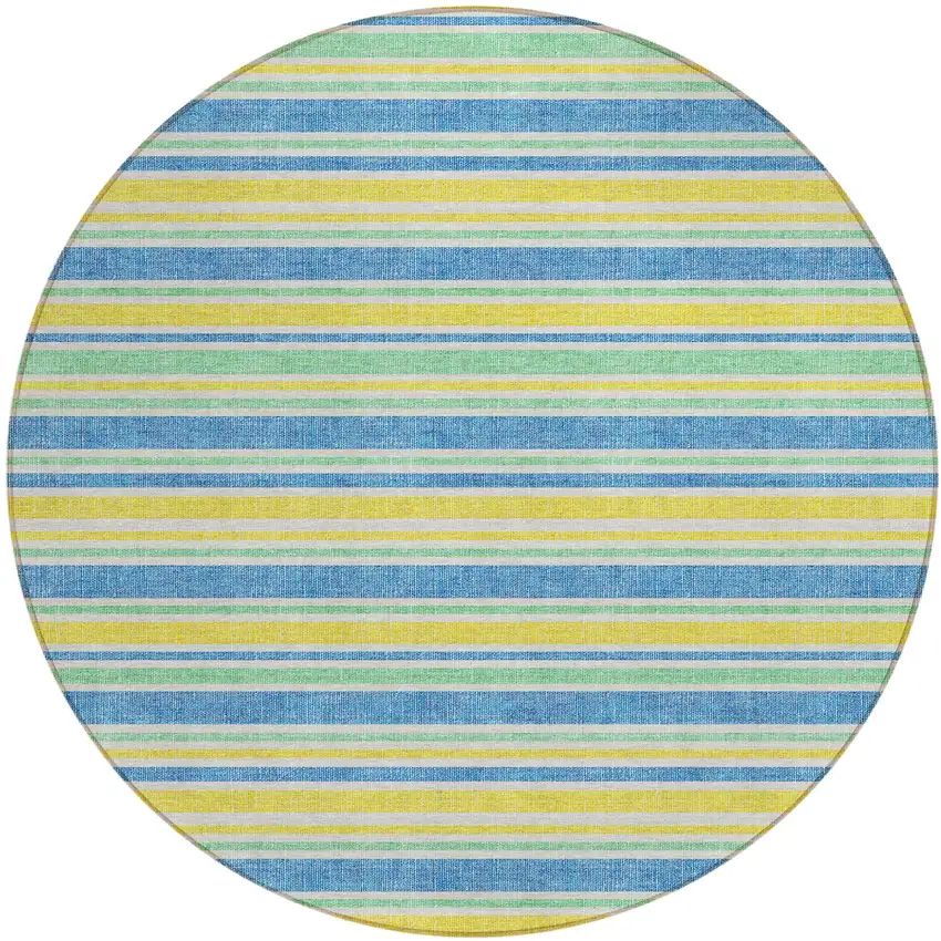 Blue Yellow and Green Round Striped Washable Non Skid Indoor Outdoor Area Rug Photo 2