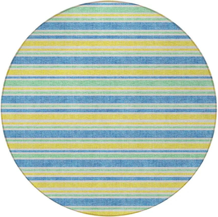8' Round Yellow Round Striped Washable Non Skid Indoor Outdoor Area Rug Photo 3