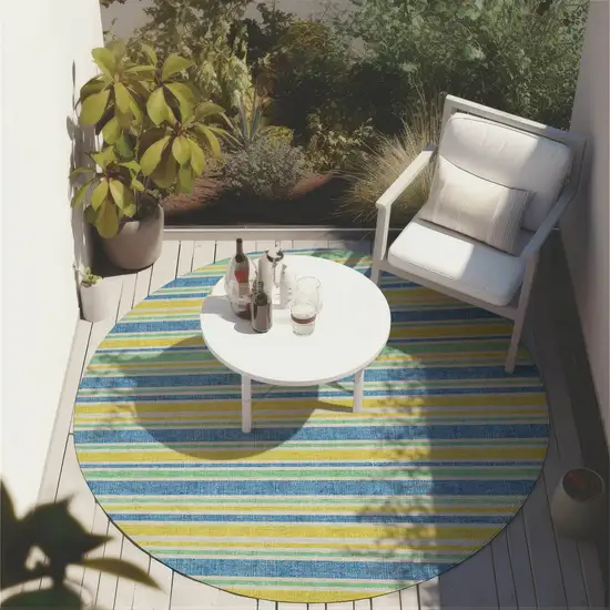 Blue Yellow and Green Round Striped Washable Non Skid Indoor Outdoor Area Rug Photo 6