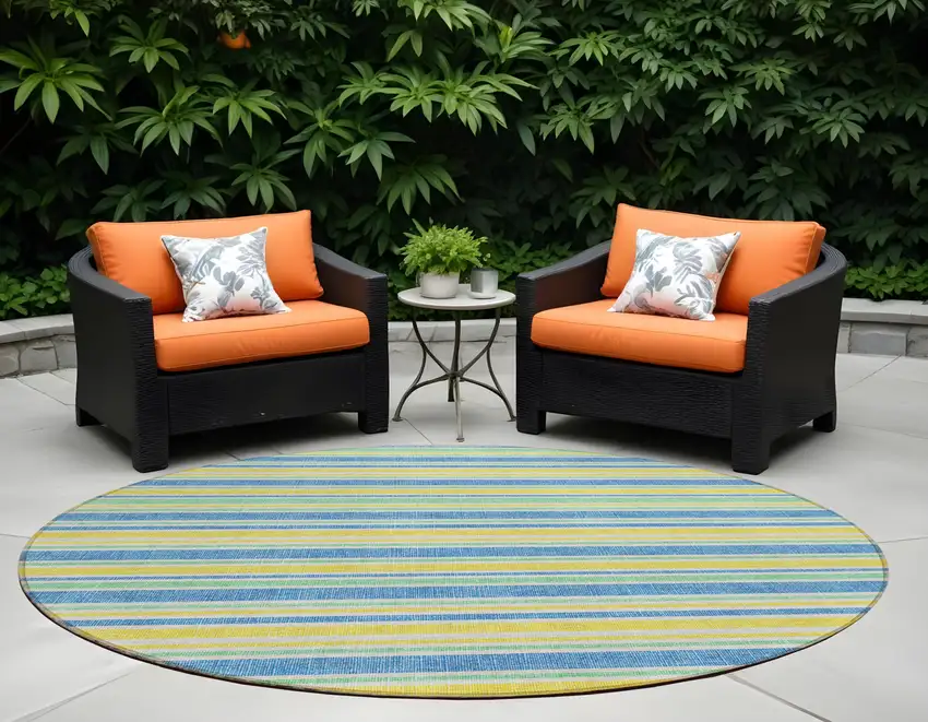 Blue Yellow and Green Round Striped Washable Non Skid Indoor Outdoor Area Rug Photo 1