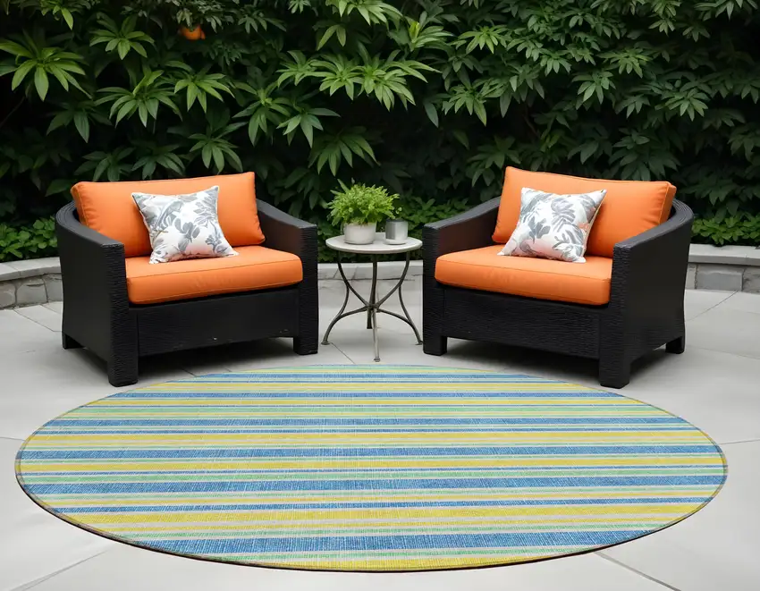 Blue Yellow and Green Round Striped Washable Non Skid Indoor Outdoor Area Rug Photo 1