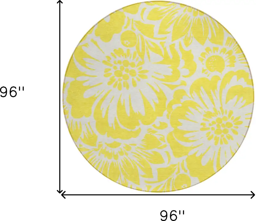 Yellow and Ivory Round Floral Washable Non Skid Indoor Outdoor Area Rug Photo 3