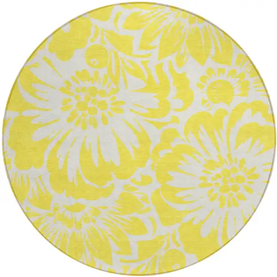Yellow and Ivory Round Floral Washable Non Skid Indoor Outdoor Area Rug Photo 2