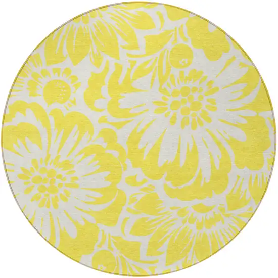 8' Round Yellow and Ivory Round Floral Washable Non Skid Indoor Outdoor Area Rug Photo 3