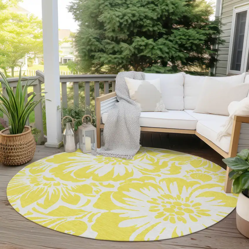 8' Round Yellow and Ivory Round Floral Washable Non Skid Indoor Outdoor Area Rug Photo 7
