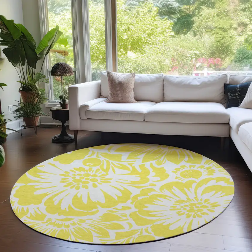 Yellow and Ivory Round Floral Washable Non Skid Indoor Outdoor Area Rug Photo 8