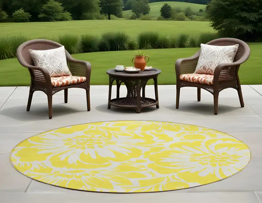 Yellow and Ivory Round Floral Washable Non Skid Indoor Outdoor Area Rug Photo 1