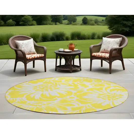 Yellow and Ivory Round Floral Washable Non Skid Indoor Outdoor Area Rug Photo 1