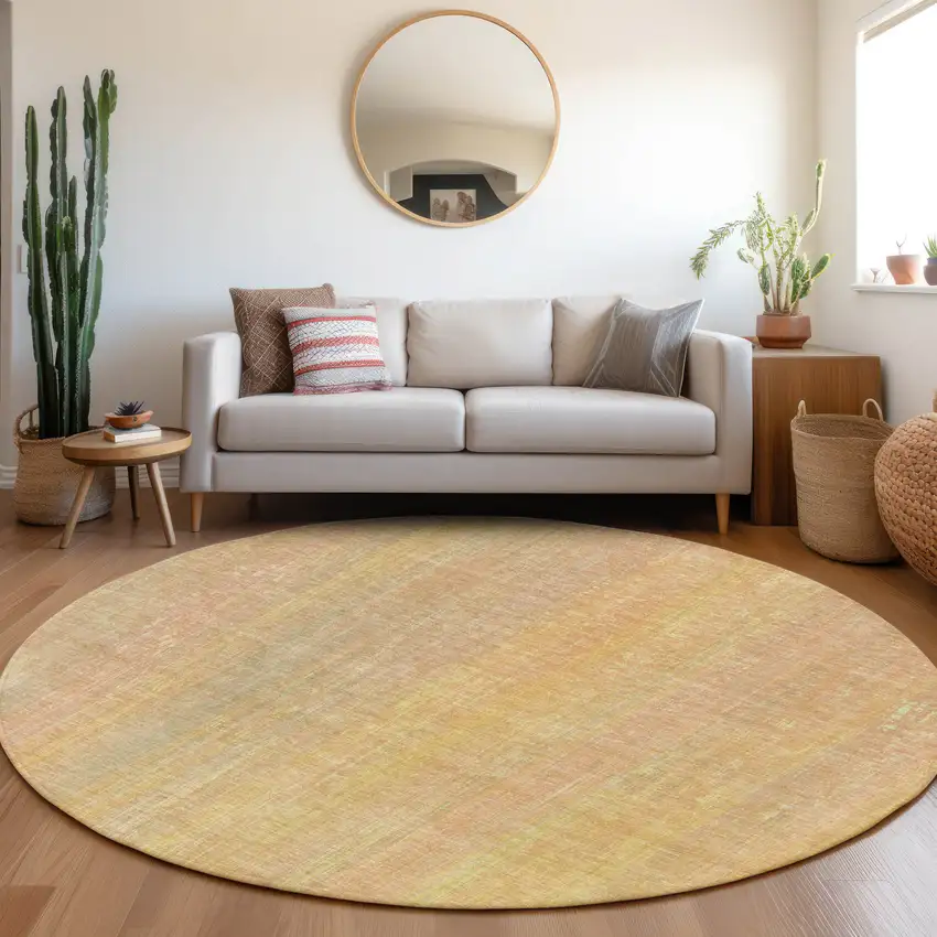 Yellow and Orange Round Striped Washable Non Skid Indoor Outdoor Area Rug Photo 9