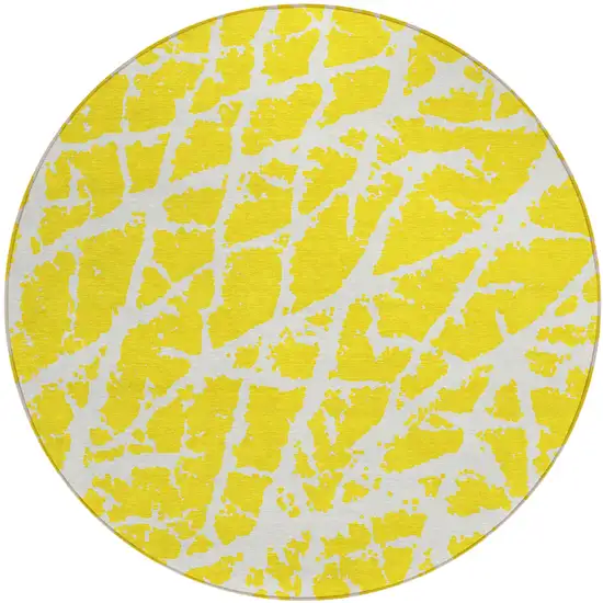 8' Round Yellow and White Round Abstract Washable Non Skid Indoor Outdoor Area Rug Photo 2