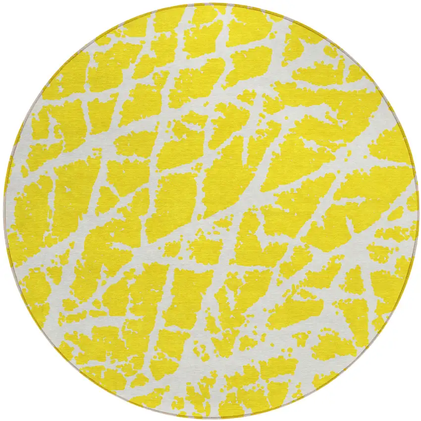 8' Round Yellow and White Round Abstract Washable Non Skid Indoor Outdoor Area Rug Photo 2