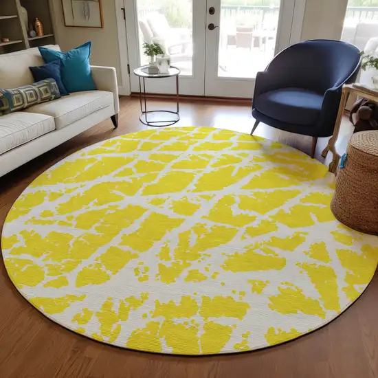 Yellow and White Round Abstract Washable Non Skid Indoor Outdoor Area Rug Photo 9