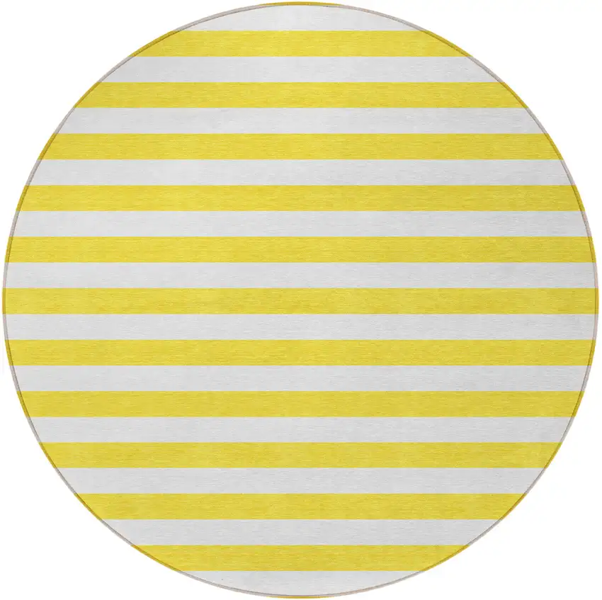 8' Round Yellow and White Round Striped Washable Non Skid Indoor Outdoor Area Rug Photo 3