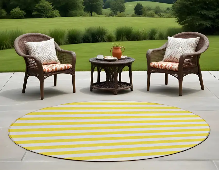 Yellow and White Round Striped Washable Indoor Outdoor Area Rug Photo 1
