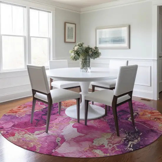 8' Ruby Red And Purple Round Abstract Washable Indoor Outdoor Area Rug Photo 6