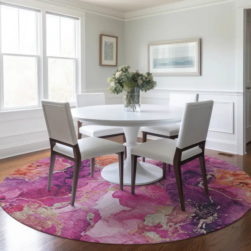 8' Ruby Red And Purple Round Abstract Washable Indoor Outdoor Area Rug Photo 6