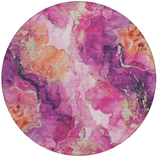 8' Ruby Red And Purple Round Abstract Washable Indoor Outdoor Area Rug Photo 3