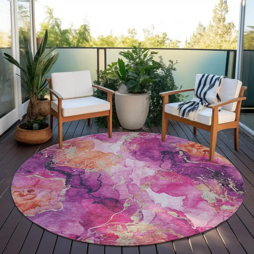 8' Ruby Red And Purple Round Abstract Washable Indoor Outdoor Area Rug Photo 5