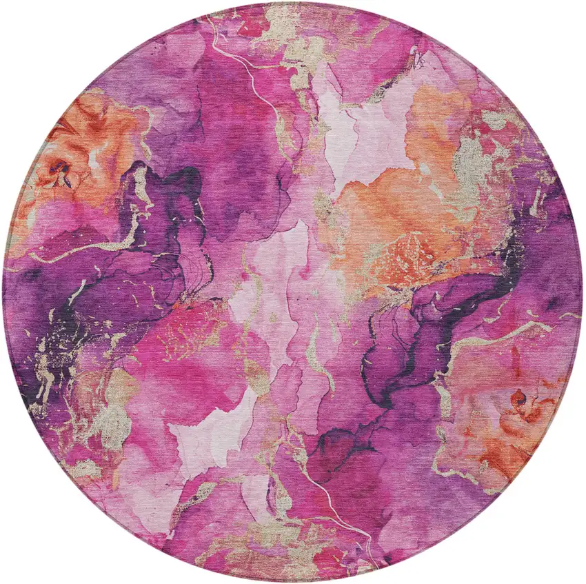 8' Ruby Red And Purple Round Abstract Washable Indoor Outdoor Area Rug Photo 4
