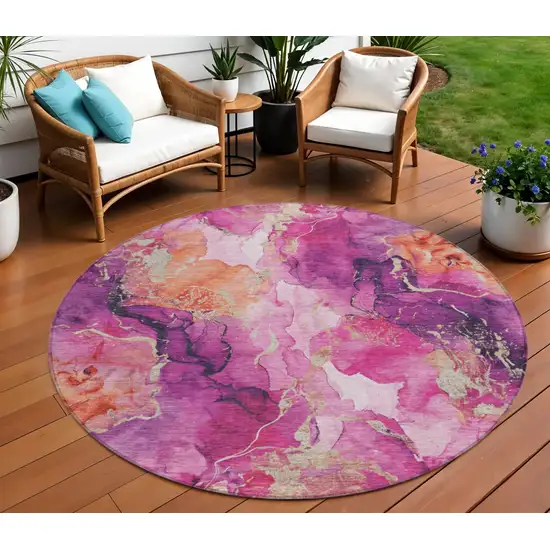 8' Ruby Red And Purple Round Abstract Washable Indoor Outdoor Area Rug Photo 2