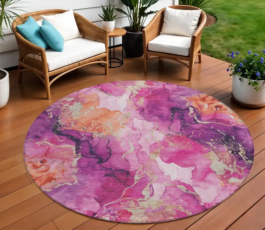 8' Ruby Red And Purple Round Abstract Washable Indoor Outdoor Area Rug Photo 2