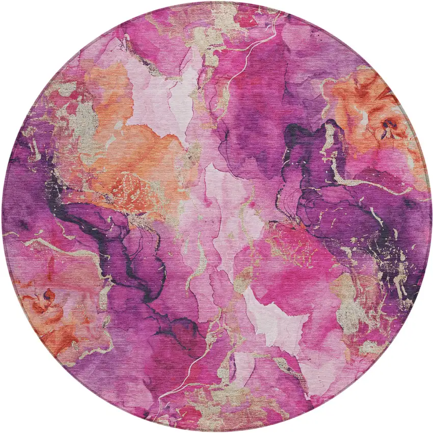 8' Ruby Red And Purple Round Abstract Washable Indoor Outdoor Area Rug Photo 1