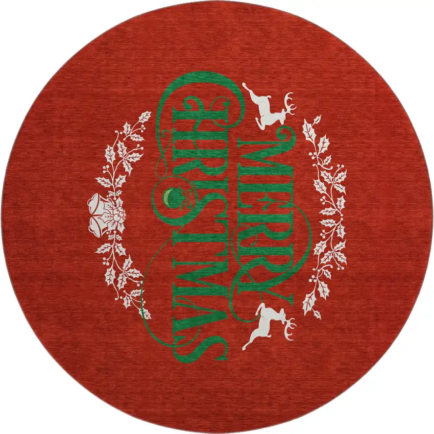 8' Ruby Red Green And Ivory Christmas Washable Round Rug With UV Protection Photo 3