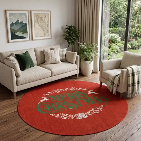 8' Ruby Red Green And Ivory Christmas Washable Round Rug With UV Protection Photo 1