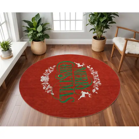 8' Ruby Red Green And Ivory Geometric Washable Round Rug With UV Protection Photo 1