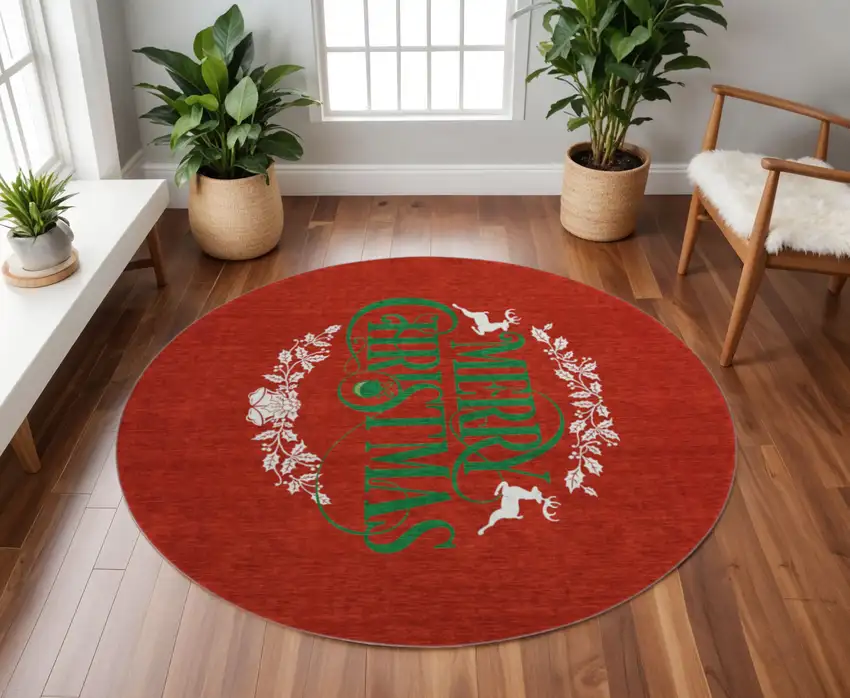 8' Ruby Red Green And Ivory Geometric Washable Round Rug With UV Protection Photo 1