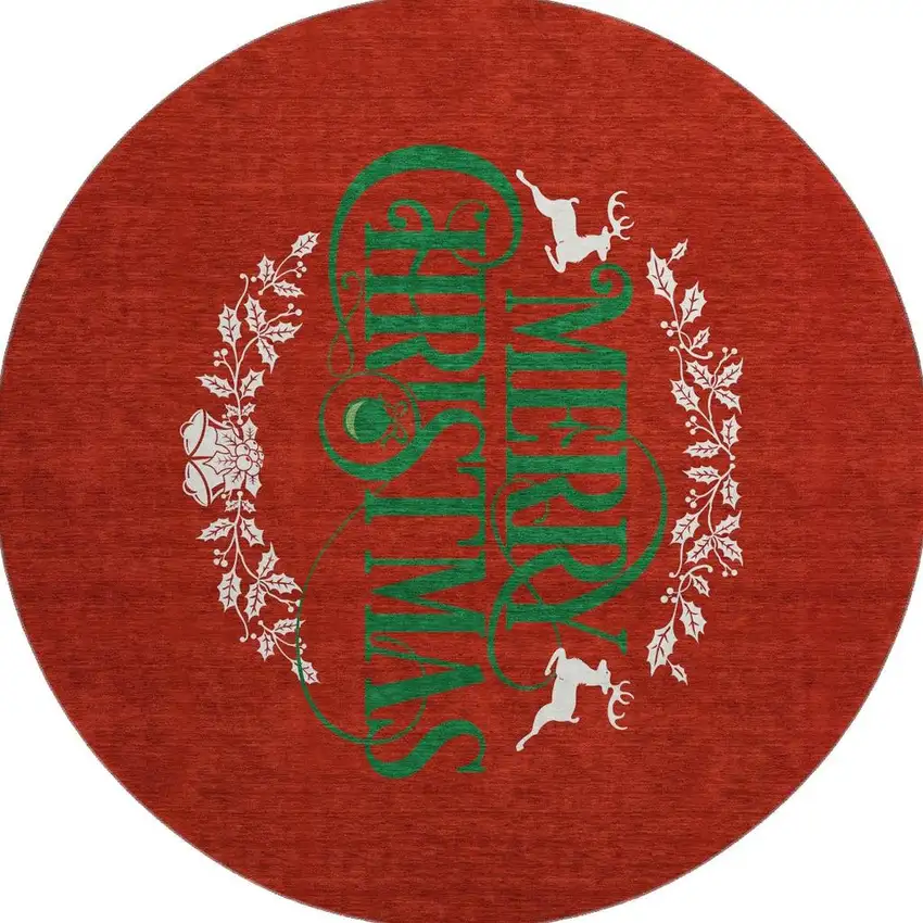 8' Ruby Red Green And Ivory Geometric Washable Round Rug With UV Protection Photo 5