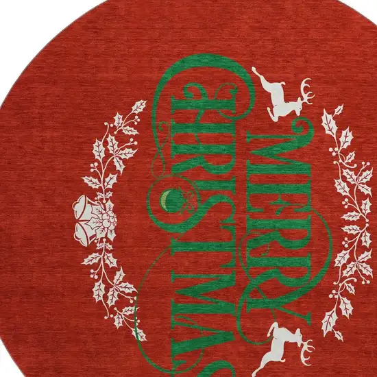 8' Ruby Red Green And Ivory Geometric Washable Round Rug With UV Protection Photo 4