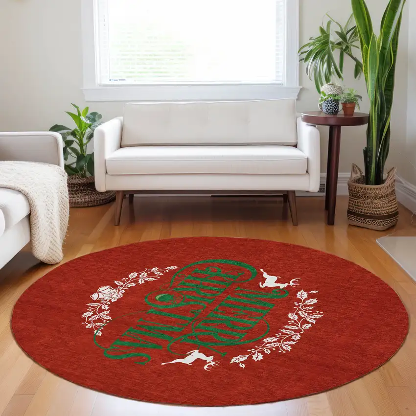 8' Ruby Red Green And Ivory Geometric Washable Round Rug With UV Protection Photo 6