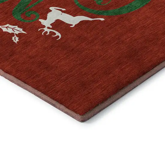 8' Ruby Red Green And Ivory Christmas Washable Round Rug With UV Protection Photo 6