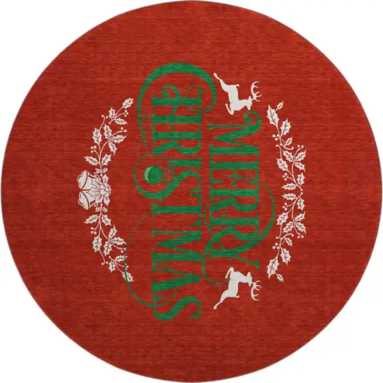 8' Ruby Red Green And Ivory Geometric Washable Round Rug With UV Protection Photo 2