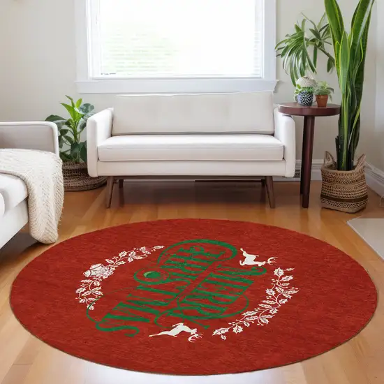 8' Ruby Red Green And Ivory Christmas Washable Round Rug With UV Protection Photo 4