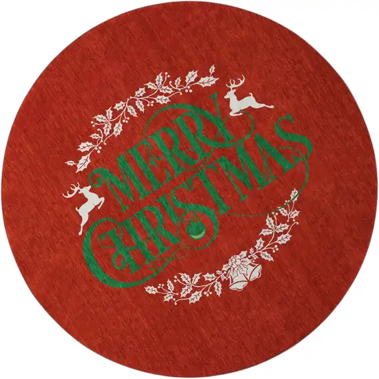 8' Ruby Red Green And Ivory Christmas Washable Round Rug With UV Protection Photo 2