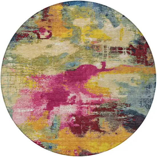 8' Ruby Red Pink And Yellow Round Abstract Washable Indoor Outdoor Area Rug Photo 3