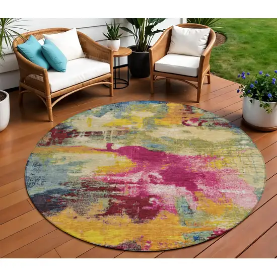 8' Ruby Red Pink And Yellow Round Abstract Washable Indoor Outdoor Area Rug Photo 2