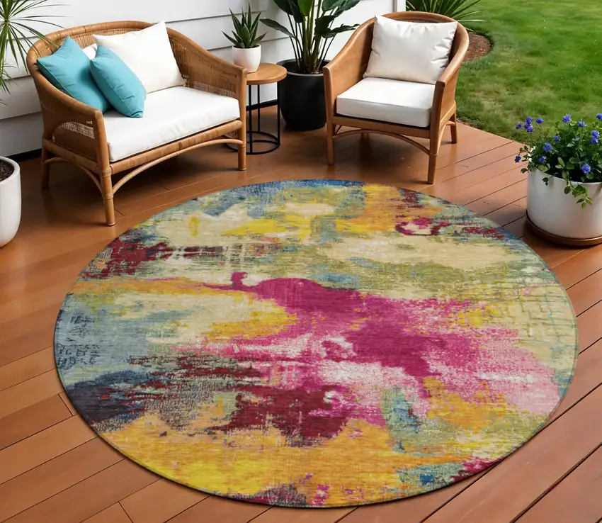 8' Ruby Red Pink And Yellow Round Abstract Washable Indoor Outdoor Area Rug Photo 2