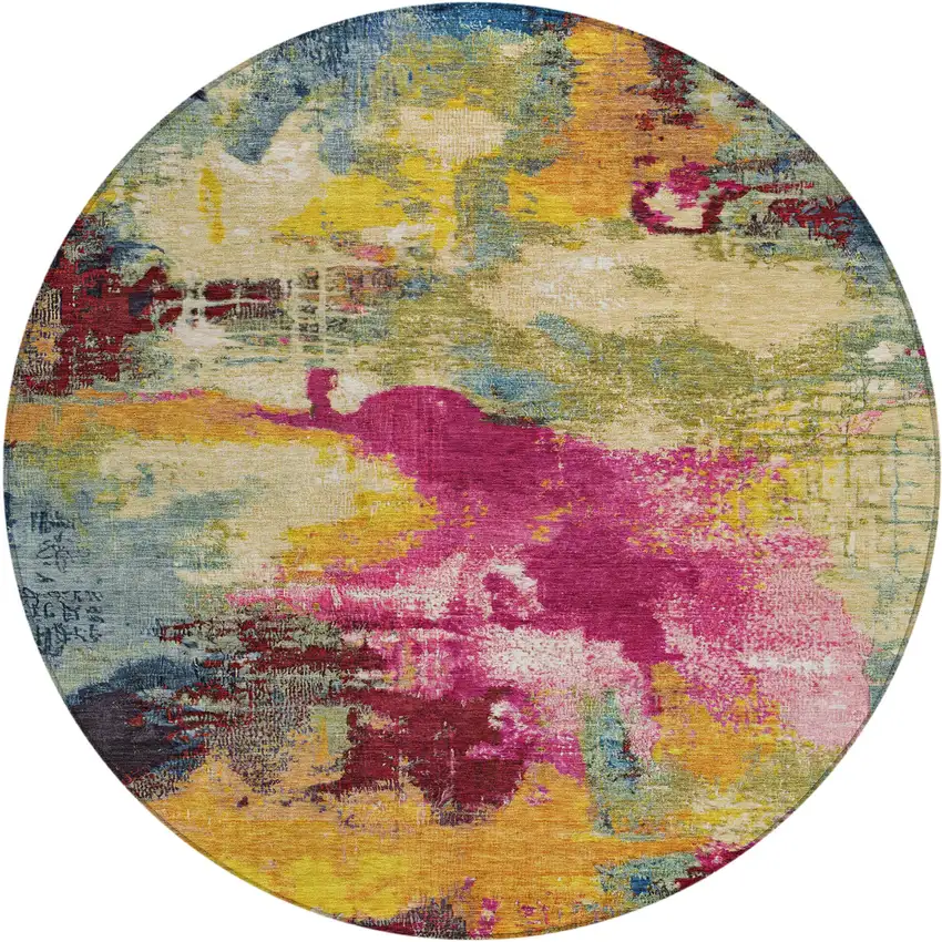 8' Ruby Red Pink And Yellow Round Abstract Washable Indoor Outdoor Area Rug Photo 1